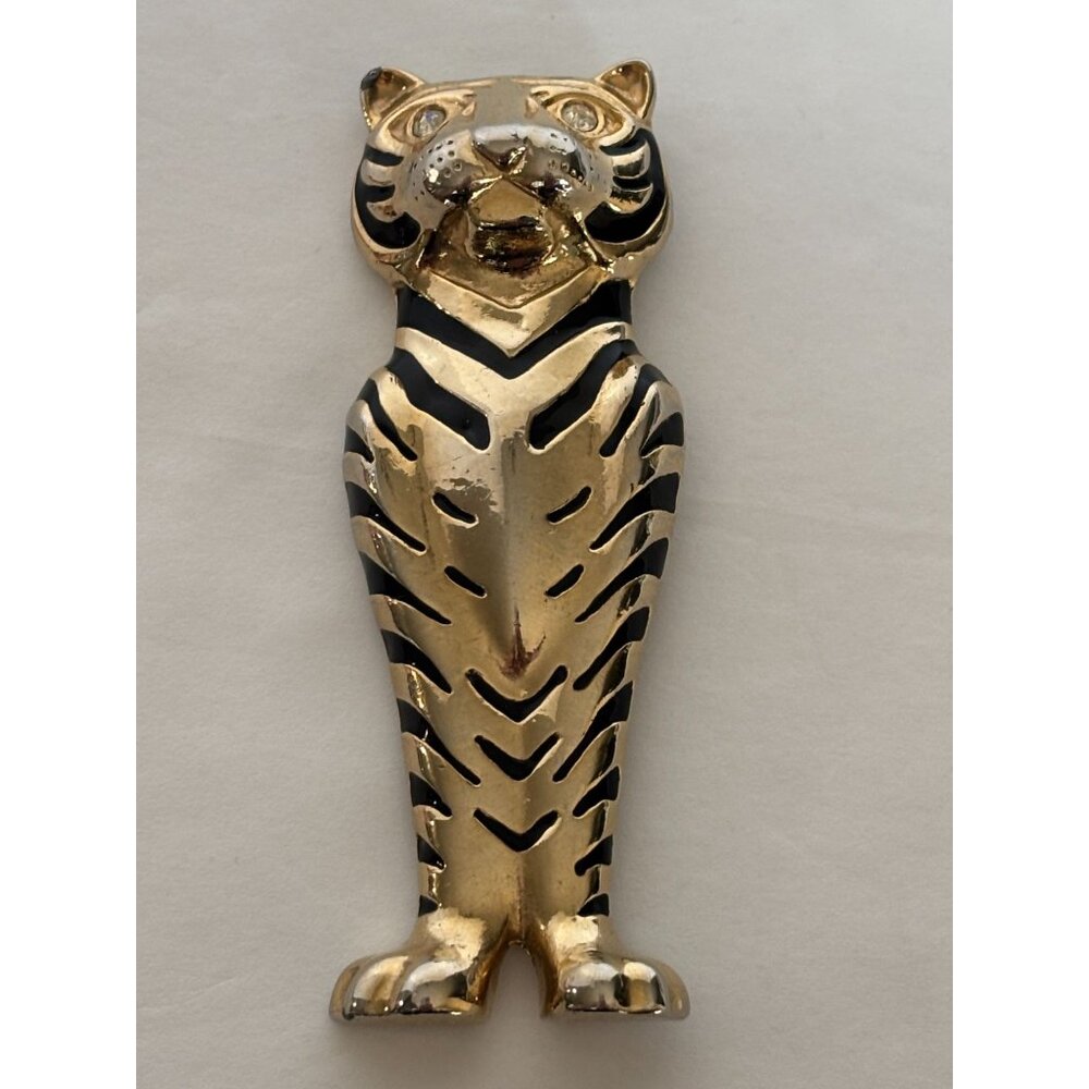 Vintage Tiger Brooch Pin Enamel Rhinestone Jewelry Art Deco Large Heavy Goldtone - Picture 7 of 7